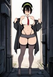 adult_female ai_generated alley alleyway avatar_the_last_airbender female female_only heels prostitution prussia123 sexy_clothing skimpy_clothes skirt slutty_female stockings tie toph_bei_fong