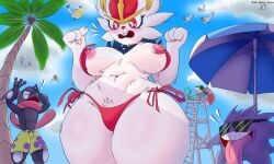 anthro beach big_breasts bikini blush cinderace curvaceous_female from_below furry furry_female generation_1_pokemon generation_3_pokemon generation_4_pokemon generation_5_pokemon generation_6_pokemon generation_8_pokemon gengar greninja magnemite outside pelipper pokémon_(species) pokemon pokemon_(species) ripped_bikini rotom snivy wingull