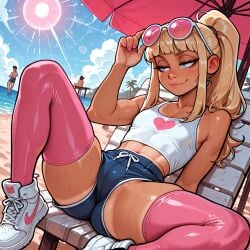 ai ai_art ai_generated arched_eyebrows beach beach_background beach_chair blonde_hair blue_eyes blue_shorts booty_shorts evilex5 femboy femboy_only flat_chest flat_chested legs_spread long_hair petite petite_body petite_femboy pink_nail_polish pink_nails pink_socks pink_stockings ponytail smiling smiling_at_another solo_femboy solo_focus solo_male sunglasses sunglasses_on_head sunlight tan_skin tank_top tank_top_lift tanline tanned_male white_shoes