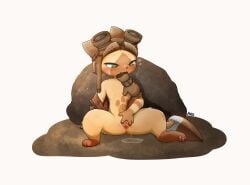 2025 absurd_res anus bodily_fluids brown_markings brown_paws capcom closed_smile clothing colored digital_drawing_(artwork) digital_media_(artwork) dirt eyewear eyewear_on_head felid feline felyne female feral fur genital_fluids genitals gloves goggles goggles_on_head green_eyes handwear hat headgear headwear heart_symbol hi_res kjh_22 looking_down lynian mammal markings monster_hunter mouth_closed nude object_in_mouth on_ground palico pawpads paws peeing rock shovel simple_background sitting smile solo spread_legs spread_vulva spreading sweat tan_body tan_fur teeth tools urethra urine urine_on_ground urine_pool vulva watersports white_background