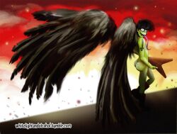 2015 asscheeks black_wings boots_only deviantart dirty_bastard fully_nude gorillaz green_skin holding_instrument long_tongue murdoc_niccals naked whitelightandalcohol