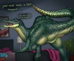 2026 animal_genitalia bed blush claws cloaca detailed_background dialogue digital_media_(artwork) dinosaur english_text female female_feral feral furniture genitals green_body green_eyes hi_res inside lamp looking_at_viewer multicolored_body open_mouth plant plant_pot potted_plant prehistoric_species pubic_boot quadruped reptile sail_(anatomy) saurischian scalie sharp_teeth solo spinosaurid spinosaurus striped_body stripes talking_to_viewer teeth text the_crab_mage theropod toe_claws yellow_body