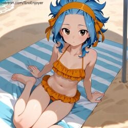 ai_generated beach beach_towel bikini blue_hair blush brown_eyes cute fairy_tail levy_mcgarden looking_at_viewer orange_bikini patreon shade