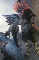 3d_(artwork) absurd_res anthro balls black_border blender_(artwork) bodily_fluids body_writing border clothed clothing cum cum_drip cum_dripping_from_penis cum_in_mouth cum_inside cum_on_face cum_on_penis degradation deuzear digital_media_(artwork) dripping duo english_text erection fellatio fur genital_fluids genitals hi_res knot legwear licking lill_esp lill_espion looking_pleasured male male/male markings nardoragon oral orgasm penile penis sex skimpy slutty_eyes slutty_face smile submissive teeth text tongue tongue_out