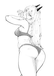 absurdres arms_up ass bra breasts chainsaw_man commentary cowboy_shot crosshair_pupils demon_girl demon_horns double-parted_bangs female from_behind greyscale hair_between_eyes highres horns long_hair looking_at_viewer looking_back medium_breasts miregeist monochrome panties power_(chainsaw_man) sharp_teeth simple_background solo teeth underwear underwear_only white_background