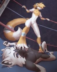 5_toes anthro aslinino balls bodily_fluids canid canine canis digital_media_(artwork) dripping duo erection featureless_crotch feet fighting_ring fingers foot_fetish foot_lick foot_on_face foot_on_penis foot_play footjob fox fur genitals hair half-closed_eyes hi_res holding_object humanoid_feet humanoid_genitalia humanoid_penis licking lying male male/male mammal narrowed_eyes nude on_back open_mouth penis plantigrade presenting saliva saliva_drip sex smile spreading standing stepped_on stepping stepping_on_face tail teeth toe_lick toes tongue tongue_out wolf