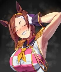 armpit armpit_crease armpit_fetish astroodragon bakushin_o_armpit_gif_(meme) big_breasts eyes_closed female horse_girl sakura_bakushin_o_(umamusume) smile smug solo sweat sweating touching_hair umamusume umamusume_pretty_derby