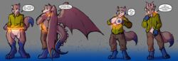 anthro big_breasts biobasher breasts canid canine canis dragon english_text female gender_transformation genitals hi_res male mammal membrane_(anatomy) membranous_wings mtf_transformation personality_change pussy sequence solo species_transformation speech_bubble text transformation transformation_ring wings wolf