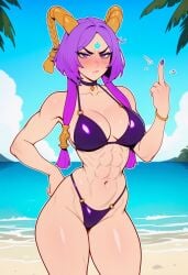 ai_generated beach bikini bitchy flipping_off league_of_legends middle_finger purple_hair sexy_body water yunara_(league_of_legends)