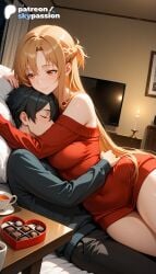 1boy 1girls 2026 ai_assisted ai_generated anime artist_name asuna_(sao) black_hair explicit hi_res high_quality high_resolution highres off_shoulder patreon patreon_username skypassion stable_diffusion sweater sword_art_online sword_art_online:_alicization valentine's_day valentines_day watermark yuuki_asuna