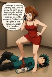 1boy 1girls ai_generated asserting_dominance assertive assertive_female bad_end barefoot boku_no_hero_academia brown-haired_female brown_hair comic defeated defeated_hero defeated_male deku denki_anma dominant_female female femdom foot_domination foot_fetish foot_worship footjob footjob_over_clothes green-haired_male green_hair humiliation izuku_midoriya male midoriya_izuku my_hero_academia ochako_uraraka stepped_on stepping_on_penis submissive_male tagme unconscious unconscious_male uraraka_ochaco video villainess