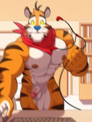 1boy abs anthro balls computer_keyboard electronics felid frosted_flakes furtissier genitals headphones hi_res humanoid_genitalia humanoid_penis kellogg's male male_only mammal mascot motion_blur panicking pantherine penis solo tiger tony_the_tiger