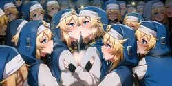 ai_generated blonde_hair blush bridget clonecest clones crowded cum_on_tongue female female_only genderswap genderswap_(mtf) greninjaja group rule_63 selfcest sweat teenager yuri