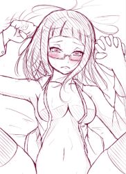 1girls bed_sheet blunt_bangs blush breasts collarbone ell182a_(masa_works_design) female glasses gumi holding_hands implied_sex masa_works_design medium_hair navel on_back open_clothes open_shirt pov shirt short_bangs sketch solo_focus spread_legs thighhighs unfinished vocaloid year_request