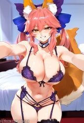 1boy 1girls ai_generated anthro bons_ai bra breasts fate/grand_order fate_(series) fox fox_ears fox_girl fox_tail large_breasts lingerie mixed_breed nai_diffusion panties pink_hair selfie stable_diffusion stockings tamamo_no_mae_(fate) underwear