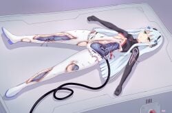1girls a-pose android black_bodysuit blurry_vision bodysuit cable cross_hair_ornament damaged damaged_clothes girl girls'_frontline glitched_eyes green_eyes grey_background hair_ornament hk416_(girls'_frontline) hk416_(midnight_evangelion)_(girls'_frontline) long_hair lying lying_on_bed mechabare mechanical mechanical_arm mechanical_leg medium_breasts metallic_body robot robot_girl robot_humanoid robotic_arm robotic_legs robotic_reveal robotic_torso tattoo tattoo_on_face thighs torn_bodysuit torn_clothes unconscious white_bodysuit white_hair wire