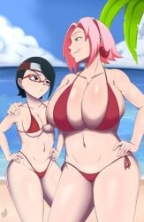 2girls big_breasts bikini bikini_bottom bikini_top black_eyes black_hair bottomwear breasts cleavage daughter eyewear female female_only glasses green_eyes hair hand_on_hip hands_on_hips headband headwear hips huge_breasts large_breasts massive_breasts mature mature_female mature_woman medium_breasts meme milf mother mother_and_daughter mother_daughter_boob_envy_(meme) multiple_girls naruto naruto_(series) nightmare_hdraw pink_hair red_bikini sakura_haruno sarada_uchiha short_hair swimwear topwear