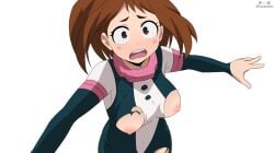 1girls blush_stickers bodysuit breasts_out brown_eyes brown_hair costume damaged_clothes embarrassed embrace exposed_breasts falling female female_focus female_only hero_outfit_(mha) large_breasts medium_breasts my_hero_academia nipples ochako_uraraka ochako_uraraka_(hero_outfit) torn_clothes tripping tsuranukko wardrobe_malfunction