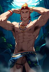 ai_generated akai_suzaku aonoshishi armpit_hair balls bara big_balls big_penis idolmaster idolmaster_side-m looking_at_viewer looking_down looking_down_at_viewer low-angle_view male male_nipples male_only male_pubic_hair muscular muscular_male nipples nude penis solo wet