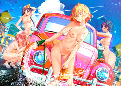 4girls braid breasts car_wash casual casual_nudity female innie_pussy kanojo_okarishimasu mizuhara_chizuru multiple_girls naked nanami_mami nipples nude outside public pussy sakurasawa_sumi sarashina_ruka small_breasts sydus tagme thigh_gap uncensored wet