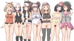 6+girls absurdres arm_at_side arms_behind_back ass_visible_through_thighs bare_arms bare_legs bare_shoulders baseball_cap beanie black_hair black_pubic_hair blonde_hair blonde_pubic_hair blue_eyes blue_hair blush bottomless breast_size_difference breasts brown_eyes brown_hair cardigan cleft_of_venus closed_eyes closed_mouth dark_blue_hair dawn_(pokemon) double_v eyewear_on_headwear facing_viewer feet_out_of_frame female female_only female_pubic_hair gloria_(pokemon) grey_cardigan grey_eyes groin hairband hand_on_own_arm hand_up hands_up hat highres hilda_(pokemon) hood hood_down hooded_cardigan leaning_to_the_side legs_apart light_brown_hair long_sleeves looking_at_viewer looking_to_the_side may_(pokemon) medium_breasts medium_hair multiple_girls one_eye_closed open_mouth pokemon pokemon_bw pokemon_bw2 pokemon_dppt pokemon_oras pokemon_sm pokemon_swsh pokemon_xy pubic_hair puckered_lips pussy rosa_(pokemon) scarf selene_(pokemon) serena_(pokemon) serena_(pokemon_games) shirt short_sleeves side-by-side skindentation sleeveless sleeveless_shirt small_breasts smile socks standing sunglasses sunglasses_on_head tam_o'_shanter thighhighs v v-shaped_eyebrows vest wristband yuni_tofu