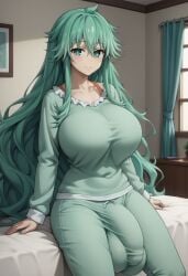 1futa ai_generated anime balls balls_under_clothes bangs bed big_balls big_breasts big_penis bulge civitai closed_mouth clothed curtains date_a_live flaccid flaccid_penis fully_clothed futa_only futanari green_eyes green_hair green_pants green_shirt hair_between_eyes huge_balls huge_breasts huge_bulge indoors kyouno_natsumi long_hair long_sleeves looking_at_viewer mizuiro01 on_bed pajamas pants penis_under_clothes shirt sitting sitting_on_bed smile solo solo_futa testicles very_long_hair window