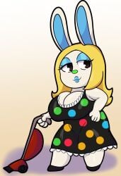 1girls american_dad animal_crossing animal_ears big_breasts black_eyes blonde_hair blue_eyeshadow blue_lipstick breasts bunny bunny_girl clothed cosplay crossover_cosplay dress eyeshadow female female_only francine_(animal_crossing) francine_smith francine_smith_(cosplay) furry huge_breasts large_breasts lipstick milf name_connection pokadots someth1ngoranother vacuum_cleaner white_body white_fur