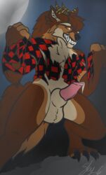 absurd_res animal_genitalia anthro balls brown_body brown_fur canid canine canis chimera elias_bigby fur furry genitals half-erect halloween_costume hi_res horn hybrid male mammal penis pose sheath solo were werecanid werecanine werewolf wolf