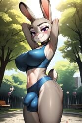 1futa ai_generated anthro armpit arms_behind_head bealce big_balls big_breasts big_bulge big_penis blue_clothing bulge bunny_tail choker curvy furry futa_only futanari gray_body gray_fur hands_behind_head judy_hopps outdoors park penis_outline purple_eyes smile sports_bra sports_shorts sportswear stable_diffusion standing testicles thin_waist white_body white_fur wide_hips wide_thighs zootopia