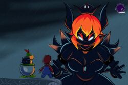 black_body bowser's_fury bowser_jr. bowsette frank_araya fury_bowser glowing glowing_eyes glowing_hair horns mario mario_(series) milf mother_and_son new_super_mario_bros._u_deluxe rain spiked_armlet spiked_collar spiked_crown spiked_shell super_mario_3d_world tagme