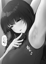 1girls 2d arms_up female grin half-closed_eyes japanese_text long_hair looking_at_viewer mole mole_under_eye nadayui original original_character pointy_chin raised_arm shirt sleeveless sleeveless_shirt smile sole_female sweat sweatdrop sweaty_armpits