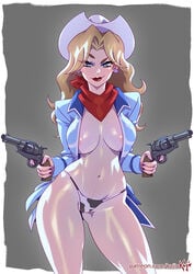 1girls areola_slip bandana big_breasts bikini_bottom blonde blonde_hair blue_eyes breasts cleavage cow_print cow_print_thong cowboy_bebop cowboy_hat cowgirl cowgirl_(western) dual_wielding earrings eyeshadow female female_only firearm gun handgun hat judy_(cowboy_bebop) kajinman large_breasts lipstick long_fingernails long_hair looking_at_viewer navel open_clothes open_jacket panties pistol revolver sci-fi science_fiction scifi smile smirk sole_female solo solo_female weapon