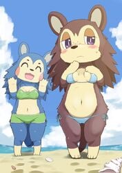 2021 2girls absurd_res animal_crossing anthro ass beach big_ass big_breasts blue_fur blush bodily_fluids bra breasts brown_fur claws closed_eyes clothed clothing cute cute_fang duo embarrassed female female_focus female_only fluffy fluffy_tail fur furry furry_only happy heart hedgehog hi_res koorinezumi looking_at_viewer mabel_able mammal naked nintendo nipples open_mouth panties pawpads paws purple_eyes pussy sable_able siblings sisters sweat tail tailwag tongue video_games water