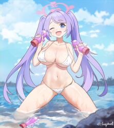 bare_arms bare_legs bare_shoulders bikini blue_archive blue_eyes blush breasts cleavage collarbone day elanphant female halo hanae_(blue_archive) haniwa_(statue) highres kneeling large_breasts long_hair looking_at_viewer navel ocean oerba_yun_fang one_eye_closed open_mouth outdoors pink_halo purple_hair remedial_knights_(blue_archive) smile solo sunscreen swimsuit trinity_general_school_student twitter_username water white_bikini