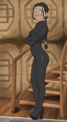 1girls alternate_breast_size anaxus avatar_the_last_airbender belly belly_button blue_eyes blush bodysuit boots breasts clothed clothing dark-skinned_female dark_skin female female_focus female_only functionally_nude heels high_heels katara leather leather_boots nipples partially_clothed ponytail pose posing sideboob small_breasts solo solo_female solo_focus tagme undressing