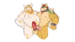 2boys anthro asgore_dreemurr avocadom balls beard belly big_belly big_penis blonde_hair bowser crossover dilf erection fat fat_belly fur furry furry_only gay genitals goat hairy_chest horns koopa large_penis looking_at_another male male_nipples male_only mammal mario_(series) muscular muscular_male nintendo nipples obese obese_male overweight overweight_male penis red_hair reptile scalie shell spiked_shell undertale white_background white_fur