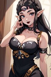 1girls ai_generated black_choker black_clothing black_dress black_eyes black_eyeshadow black_hair choker cleavage clothed clothing dark_zelda_(splatodyssey) dress elf_ears female_only gem gem_on_forehead goth goth_girl lipstick looking_at_viewer matching_underwear nintendo non-nude non_nude perchance_ai pointy_ears princess_zelda red_lipstick solo splatodyssey the_legend_of_zelda