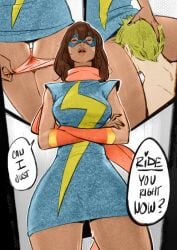 1boy 1girls arms_crossed blonde_hair brown_hair crossed_arms cunnilingus dark_skin disney dress female femdom hand_on_another's_head interracial kamala_khan male marvel mask ms._marvel oral oral_sex panties panties_down raunchyninja sleeveless slim_waist tagme thick_thighs thighs