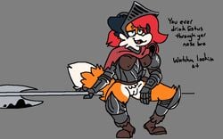 anthro armor axe bottomless canid canine clothed clothing dark_souls dialogue digital_media_(artwork) english_text female fox fromsoftware fur genitals hair half-closed_eyes mammal melee_weapon narrowed_eyes open_mouth pepper_(sketchytoasty) pussy simple_background sketchytoasty smile solo text unaware video_games weapon