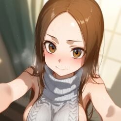 ai_generated blush brown_eyes brunette_hair huge_breasts karakai_jouzu_no_takagi-san large_breasts light-skinned_female light_skin long_hair looking_at_viewer solo_female squatting sweat sweatdrop takagi-san virgin_killer_sweater voluptuous voluptuous_female x_dramatic