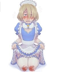 1boy 1femboy bandages bell_collar biting_lip biting_own_lip blonde_femboy blonde_hair blonde_male blood blood_drip blood_stain boob_window bulge_through_clothing crying crying_male crying_with_eyes_open embarrassed femboy femboy_focus femboy_maid femboy_only femboysub freckles freckles_on_face freckles_on_thighs freminet_(genshin_impact) garter_straps genshin_impact injury maid maid_apron maid_dress maid_headdress maid_outfit maid_uniform pale-skinned_femboy pale_skin pov pov_eye_contact ripped_stockings scraped_knee solo_male thigh_highs thigh_socks thighhighs thighs