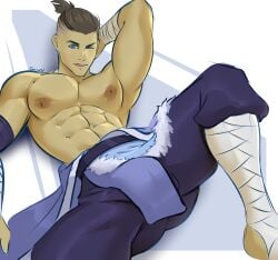 1boy abs armpits artist_name blue_eyes brown_hair clothed gasaiv human male male_nipples male_only muscles muscular_male no_visible_genitalia one_eye_closed pecs ponytail smooth_skinned_male sokka solo tongue tongue_out topless_male yaoi