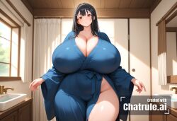 1girl ai_assisted ai_generated black_hair blue_eyes blue_robe breasts_spilling_out brown_eyes clothes_too_small curvaceous_body detailed_background enormous_breasts enormous_hips enormous_thighs hair_ornament hairclip head_tilt home indoors intimate legs long_hair looking_down massive_breasts oversized_breasts perfect_body scenery slut succubus three_quarter_view tiny_waist uncensored voluptuous_body whore