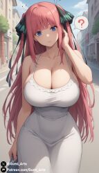 ai_generated blue_eyes cleavage go-toubun_no_hanayome gumi_arts hair_ribbon huge_breasts looking_at_viewer nakano_nino outdoors pink_hair spoken_question_mark stable_diffusion street sundress thick_thighs wide_hips