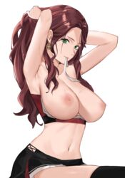 1girls adjusting_hair armpits arms_behind_head arms_up bandeau bangs bare_midriff bare_shoulders black_legwear black_skirt breasts breasts_out brown_hair collarbone dorothea_arnault earrings exposed_breasts female female_focus female_only fire_emblem fire_emblem:_three_houses green_eyes high_resolution highres j@ck jewelry large_breasts long_hair looking_at_viewer mouth_hold navel nintendo nipples parted_bangs patreon patreon_reward post-timeskip simple_background skirt solo sweat thighhighs thighs tying_hair white_background