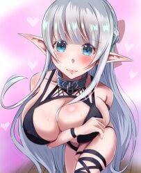 blue_eyes blush bondage_outfit cleavage collar elf huge_breasts leaning_forward lipstick long_hair looking_at_viewer maou_no_ore_ga_dorei_elf_wo_yome_ni_shitanda_ga_dou_medereba_ii? nephelia pointy_ears revealing_clothes roku_(roku28) silver_hair solo