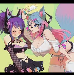 2girls bent_over blush breasts cat_ear_headphones cat_ears cleavage clothes_swap clothing_swap cute epebe hat headphones huge_breasts melody_(projektmelody) multicolored_hair projektmelody silvervale virtual_youtuber vshojo wholesome wink winking wolf_ears wolf_tail