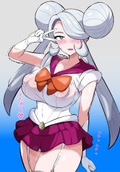 1girls big_breasts big_bun bishoujo_senshi_sailor_moon black_hair blush breasts clothing cogita_(pokemon) double_bun enbitonbi female female_only game_freak garter_straps gloves hair hair_bun hair_over_one_eye handwear huge_breasts large_breasts mature mature_female mature_woman milf motion_lines nipple_bulge peace_sign pokemon pokemon_legends:_arceus sailor_moon_(cosplay) sailor_uniform skirt solo solo_female thick_thighs thighs translation_request twintails white_gloves white_hair