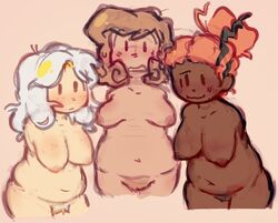 3girls armless basketball_(bfdi) basketbell battle_for_bfdi battle_for_dream_island bell_(bfdi) belly belly_button big_breasts blush breasts chubby chubby_female cleavage dark-skinned_female dark_skin eggy_(bfdi) female female_only gijinka humanized interracial kint kinto-bean looking_at_viewer multiple_girls nipples nude object_shows pubic_hair pussy simple_background