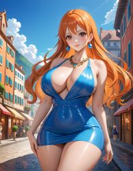 ai_generated brown_eyes cleavage dress earrings fbps35 female female_focus huge_breasts long_hair male nami nami_(one_piece) narrow_waist necklace one_piece orange_hair post-timeskip thick_thighs town wide_hips